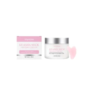 Detalle de la crema reafirmante de cuello Viareline con caja y masajeador rosa.