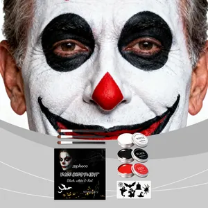 Σετ μακιγιάζ κλόουν Halloween με λευκό μαύρο και κόκκινο χρώμα προσώπου και πινέλα