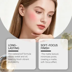 Gros plan d'un blush rose pêche mat avec un fini flou artistique longue durée sur la peau.