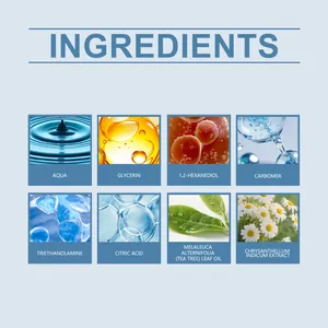 Detailed ingredient list for hand and foot nourishing gel featuring tea tree oil.