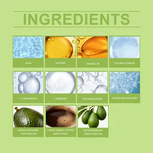 Gedetailleerde grafiek met ingrediënten voor avocado oogcrème en natuurlijke extracten