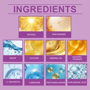 Détail des ingrédients clés de la crème hydratante incluant rétinol et niacinamide