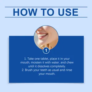 Infographic met twee stappen over het gebruik van mondspoeltabletten en een glimlach
