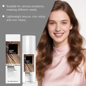 Light brown root touch-up spray showing natural hair coverage on a female model