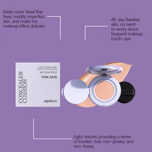 Dettaglio del correttore Zephoco cushion viola con confezione, piumino e consistenza cremosa
