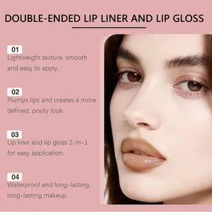 Vista dettagliata con matita labbra 2-in-1 e lucidalabbra volumizzante marrone nude.