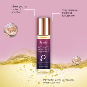 Roxelis Intimacy Molecule Parfümöl Detail mit flüssiger Textur und Marketingtexten