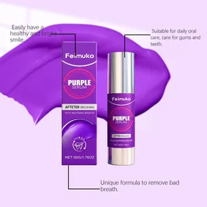 Détail du sérum de blanchiment dentaire violet Feimuko pour un sourire éclatant.