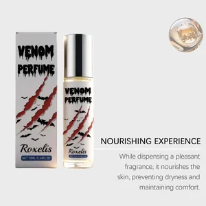 Detalle del perfume Roxelis Venom con descripción de beneficios nutritivos para la piel.