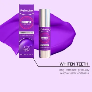 Vue détaillée du sérum de blanchiment dentaire violet Feimuko pour le soin buccal.