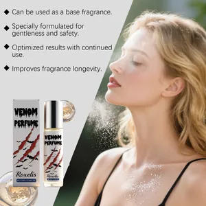 Vista detallada del frasco de perfume Roxelis Venom y empaque con bruma de aroma