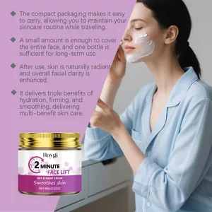 Vue détaillée de la crème HOYGI 2 minute face lift et application par le mannequin