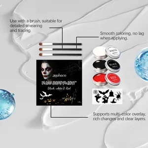Λεπτομέρεια σετ μακιγιάζ Zephoco Halloween με 3 χρώματα, πινέλα και στένσιλ για πάρτι