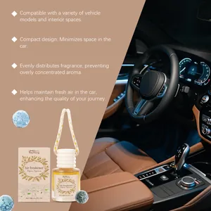 Detail des Rayhong Auto-Lufterfrischers mit Flasche, Box und Innenraum-Hintergrund.