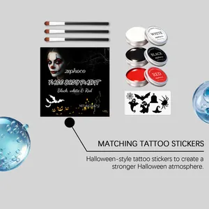Το σετ μακιγιάζ Halloween περιλαμβάνει 3 χρώματα, πινέλα και αυτοκόλλητα.