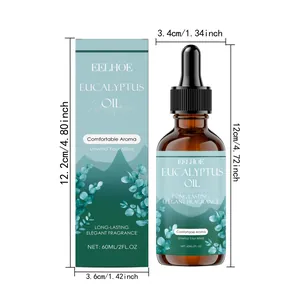 Produktspezifikationen für 60 ml Eukalyptusöl in der Pipettenflasche mit Maßen.