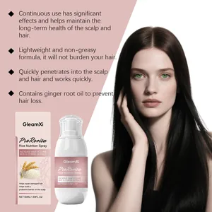Detailed view of GleamXi Rice Nutrition Spray packaging and hair health benefits.