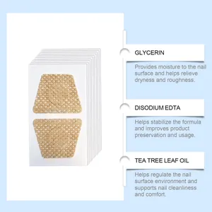 Detailed view of breathable nail care patches featuring tea tree oil and glycerin