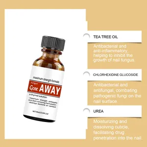 Detail view of nail treatment liquid highlighting antifungal tea tree oil and urea ingredients