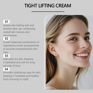 Details van Tight Lifting Cream voordelen met de stralende huid van een lachend model