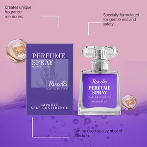 Detailweergave van Roxelis 30ml lavendel parfumflesje en paarse verpakkingsdoos
