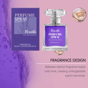 Gedetailleerd overzicht van Roxelis lavendelparfum met geurbeschrijving en doos