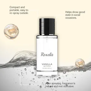 Vue détaillée du parfum à la vanille Roxelis 50ml avec des arguments de marketing.