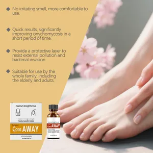 Professional nail fungus treatment liquid shown with healthy feet and floral decor.
