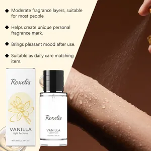 Vue détaillée de la brume de parfum à la vanille sur la peau avec flacon et boîte