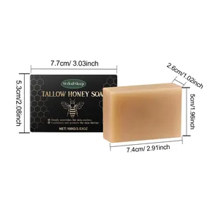 Detailed product dimensions for WoodSleep tallow honey soap bar and black packaging box