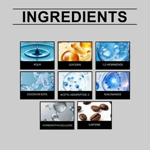 Lista detallada de ingredientes del suero roll-on para ojos con niacinamida y cafeína.