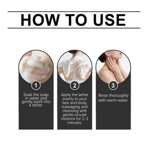 Three-step instructional guide for using foaming tallow soap on face and body skin.