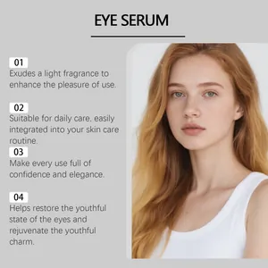 Infografía detallada de los beneficios del sérum para ojos con modelo profesional