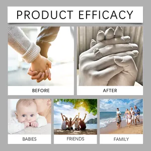 DIY hand mold kit showing 3D casting results for babies, friends, and family memories