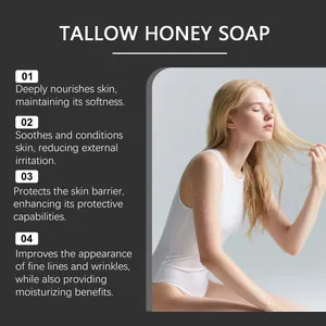 Tallow honey soap benefits listed with model showing moisturized skin and water droplets.
