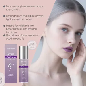 Close-up of Viareline lifting essence with skincare benefits listed next to model face