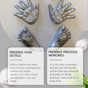 DIY hand and foot casting kit showing detailed silver life-like statues and molding powder
