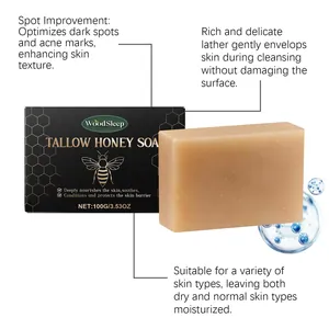 Detail view of WoodSleep Tallow Honey Soap benefits for spot improvement and hydration