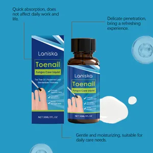 Détail du soin LANISKA pour les mycoses des ongles avec flacon et boîte bleue.