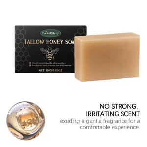 Close-up of WOODSLEEP Tallow Honey Soap bar and box with gentle fragrance detail