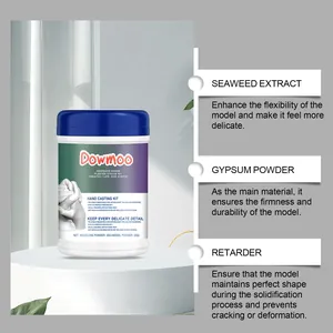 Detailed view of hand casting kit components including seaweed extract and gypsum powder