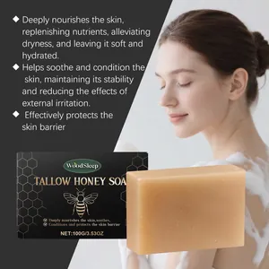 Premium WoodSleep Tallow Honey Soap bar shown with protective packaging and model