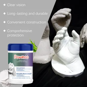 Detail of DOWMOO 3D hand casting kit with finished plaster statues and packaging