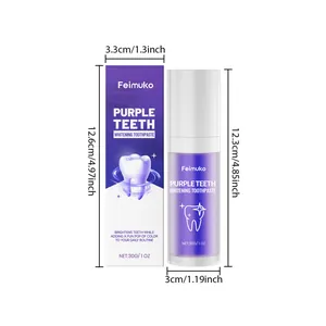 Schéma détaillé des dimensions du dentifrice blanchissant violet Feimuko et boîte