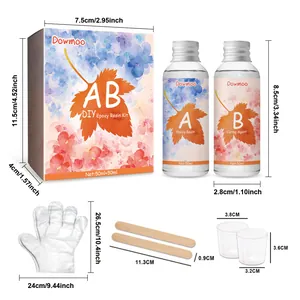 Kit de résine époxy AB DOWMOO avec dimensions détaillées des flacons et accessoires
