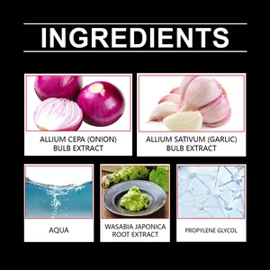 Detail list showing natural ingredients like onion, garlic, and wasabi for stink spray.