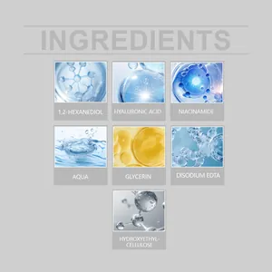 Scientific visualization of serum ingredients including Niacinamide and Hyaluronic Acid