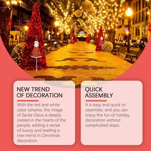 Santa Claus garden stakes with English feature descriptions on a red festive background.