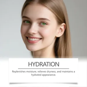 Primo piano di una donna sorridente con pelle luminosa che mostra benefici dell'essenza