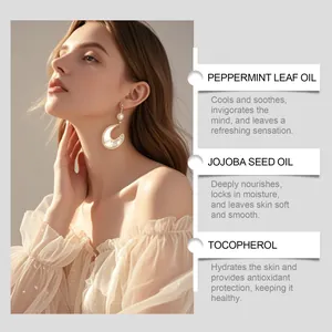Detailansicht der Vorteile von Pfefferminzöl, Jojobasamenöl und Tocopherol für die Haut.